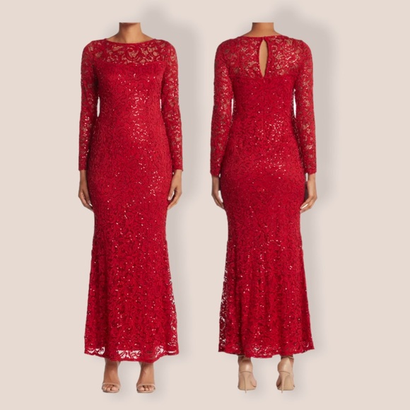 NWT,Marina Sequin Lace Long Sleeve Gown,red - Picture 2 of 15